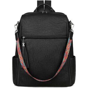 Women's Pure Black Retro Style Backpack Designer 15.6 inch PU Leather Laptop Bag